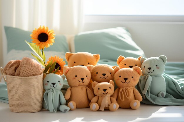 Zestaw miękkich brzoskwiniowych pluszowych niedźwiedzi w oświetlonym słońcem niebieskim pokoju z poduszkami i słonecznikiem tworząc przytulną i przyjemną przestrzeń do opowiadania historii, zabawy z przyjaznymi dla środowiska zabawkami