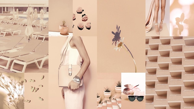 Zdjęcie zestaw modnych estetycznych kolaży zdjęciowych minimalistyczne obrazy jednego górnego koloru beige moodboard