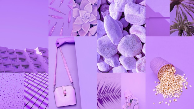 Zestaw modnych estetycznych kolaży zdjęciowych Minimalistyczne obrazy jednego górnego koloru Purple moodboard