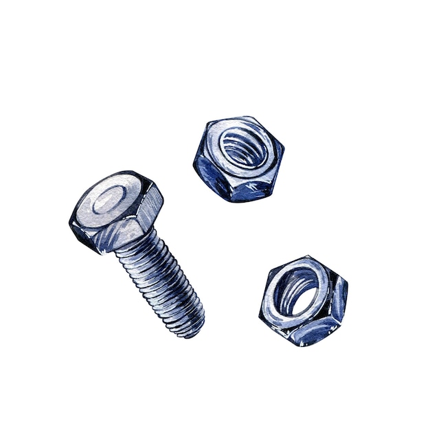 Zestaw Nakrętek Metalowych śrub Stalowych Na Białym Tle Na Białym Tle Akwarela Ręcznie Rysowane Ilustracje