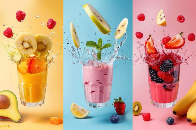 Zdjęcie zestaw napoju smoothie z owocami latającymi składnikami izolowanymi na kolorowym tle