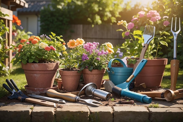Zdjęcie zestaw narzędzi ogrodniczych dla ogrodnika i doniczek w słonecznym ogrodzie
