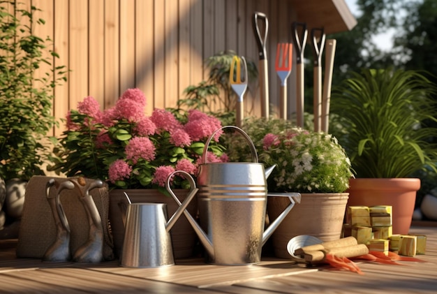 Zestaw narzędzi ogrodniczych i doniczek w słonecznym ogrodzie ze sztuczną inteligencją generującą słońce