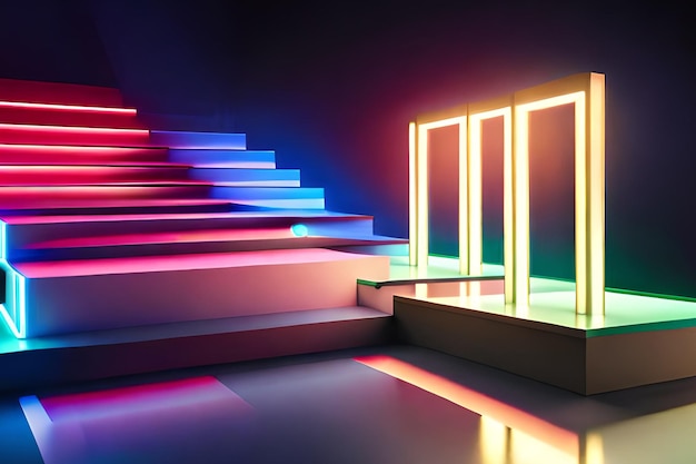 Zestaw neonów na klatce schodowej z oświetloną klatką schodową w tle.