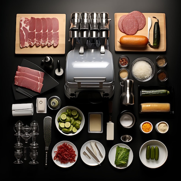 Zdjęcie zestaw new york deli setup meat slicer wax paper lined trays pickle background decor ideas art