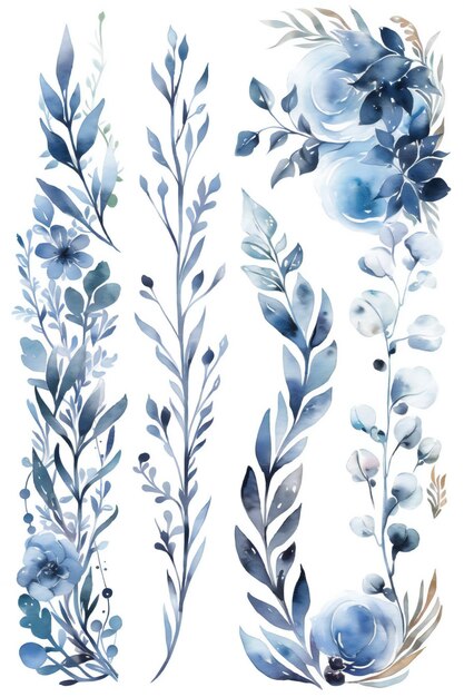 Zestaw niebieskich kwiatów z liśćmi na białym tle.