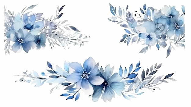 Zestaw niebiesko-szarych akwarelowych ramek kwiatowych na zaproszenie ślubne