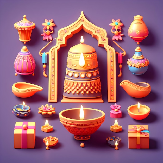 Zestaw nowoczesnych elementów 3D Diwali Hindu Festival
