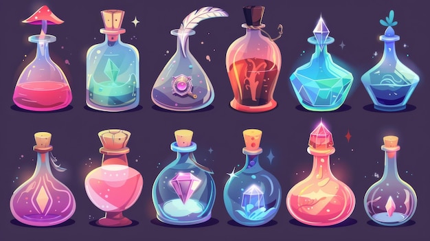Zestaw nowoczesnych zasobów interfejsu gry składający się z fantasy płynnego eliksiru czarownika w chemii fiolki w szklanych butelkach z diamentami czarne pióra i czapki grzybów
