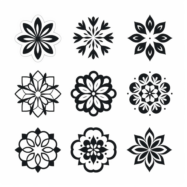 Zestaw odważnych geometrycznych czarno-białych kwiatowych ikon