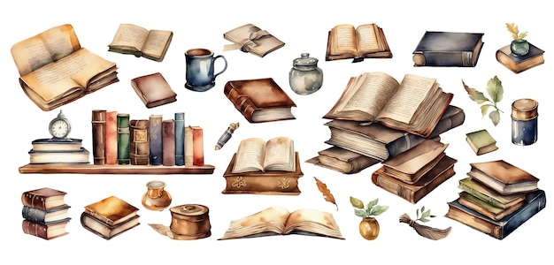 Zestaw otwartych książek z liśćmi Akwarela ręcznie malowana izolowana ilustracja na białym tle