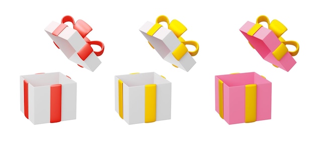 Zestaw otwartych pudełek prezentowych ze wstążką i kokardą na białym tle renderowania 3d