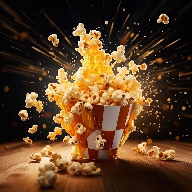 Zestaw papierowego wiadra z popcornem odizolowanym na czarnym tle nocny film