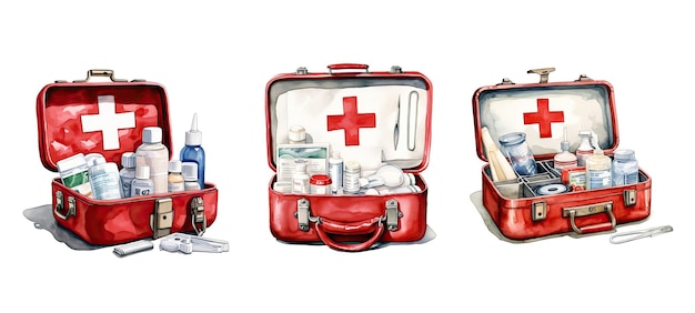 Zestaw pierwszej pomocy medycznej a.i. generowany w pudełku, torbie, bandażu, leczeniu wypadku, zestaw pierwszej pomoci medycznej, ilustracja, akwarel