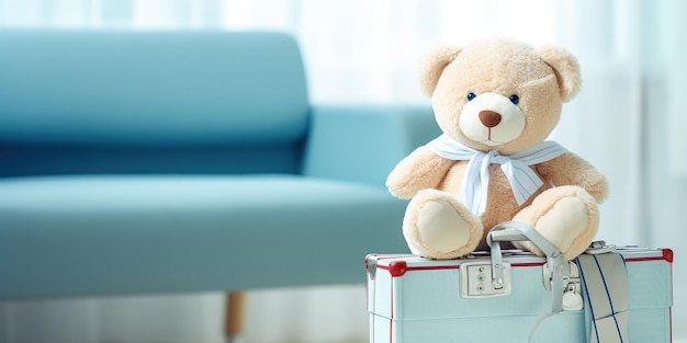 Zestaw pierwszej pomocy stetoskop i uroczy pluszowy niedźwiedź na białych krzesłach w poczekalni ośrodka medycznego Children39s