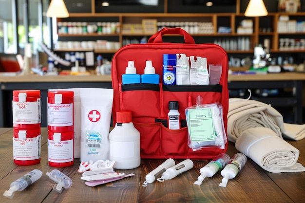 Zestaw pierwszej pomocy, torba medyczna awaryjna z narzędziami medycznymi, lekarze, leki do leczenia, opieka zdrowotna