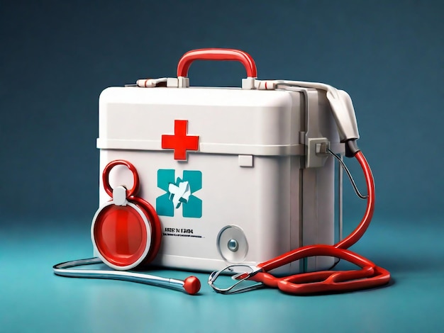 Zestaw pierwszej pomocy z stetoskopem Czerwona torba lekarza z białym krzyżem z odbiciem Koncepcja pomocy ratunkowej w nagłej pomocy zdrowotnej Element projektowania graficznego dla ulotki plakatu eb Ilustracja 3D