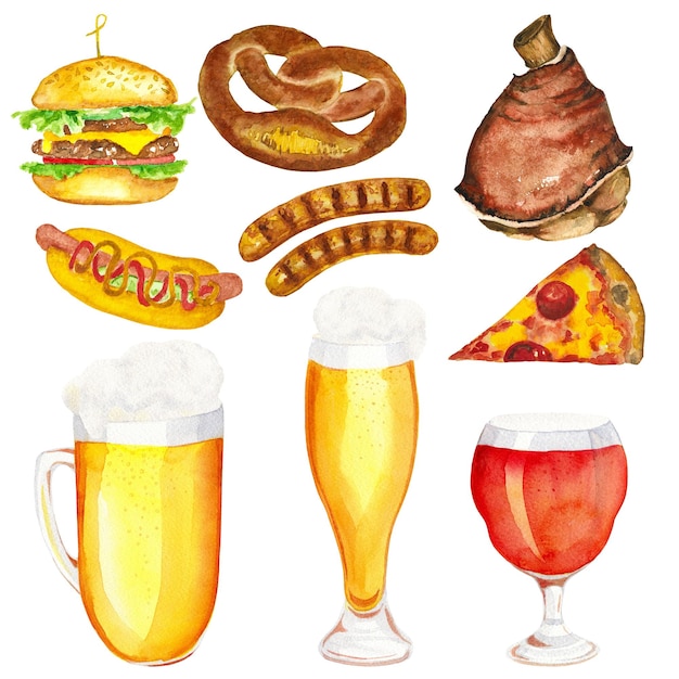 Zestaw piw, hamburgerów, precelów, pizzy i akwareli dla hot dogów izolowany na białym tle Clipart