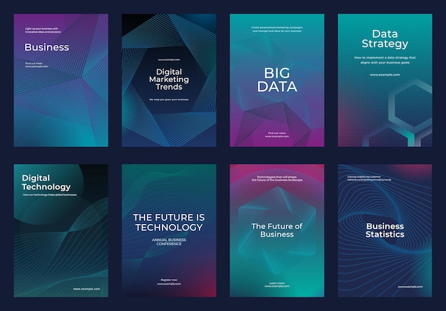 Zestaw plakatów o tematyce biznesowej z strategią danych marketingu cyfrowego i trendami technologicznymi Futuristyczny projekt z wzorcami geometrycznymi i tłustym tekstem Zestaw wektorów szablonów biznesu cyfrowego oraz dużych danych