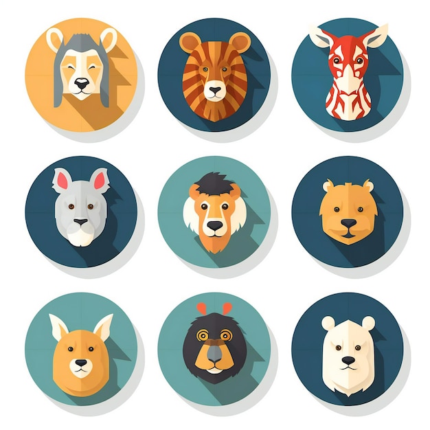 Zestaw płaskich ikon z ilustracjami dzikich zwierząt do projektowania stron internetowych