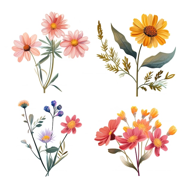 zestaw płaskich ilustracji kwiatów