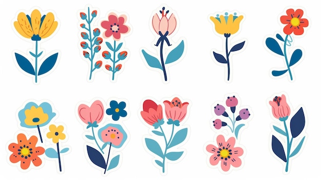 Zestaw płaskich kolorowych ikon kwiatów izolowanych Doskonały do naklejek etykiet, etykiet i opakowań prezentów itp.
