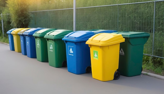 Zestaw plastikowych pojemników zielonych, żółtych i niebieskich różnokolorowych pojemników na śmieci dla odpadów kompozytowych i recyklingowych