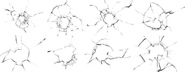 Zdjęcie zestaw potłuczonego szkła na białym tle shrapnel przedzierając się przez okno pęknięte okno tekstury uszkodzenia koncepcji