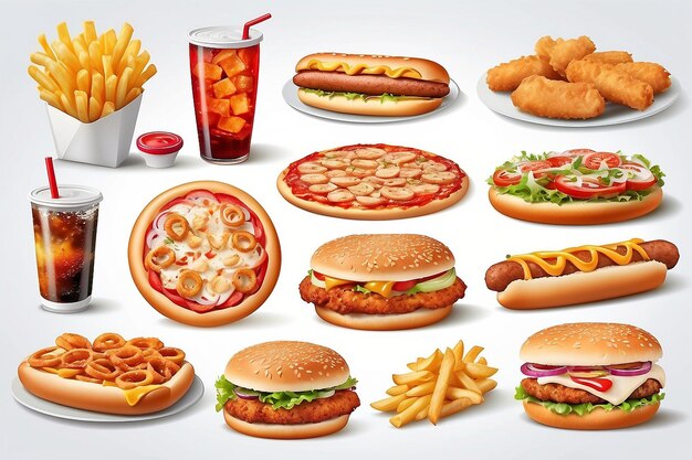 Zestaw potraw fast food izolowanych na białym tle pizza smażony kurczak hotdog pierścienie cebulowe