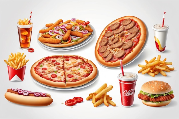 Zestaw potraw fast food izolowanych na białym tle pizza smażony kurczak hotdog pierścienie cebulowe