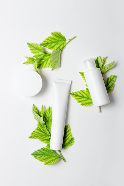 Zestaw produktów kosmetycznych w białych tubkach i zielonych liściach z pustym miejscem do etykietowania kosmetyków naturalnych do pielęgnacji skóry twarzy i ciała Kremowa maska oczyszczająca nawilżająca