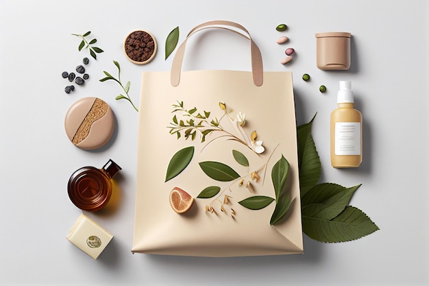 Zestaw produktów kosmetycznych w papierowej torbie z zielonymi liśćmi na szarym tle generatywnym ai