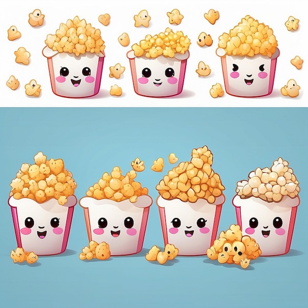 Zdjęcie zestaw projektów popcornu kawaii wygenerowanych przez sztuczną inteligencję