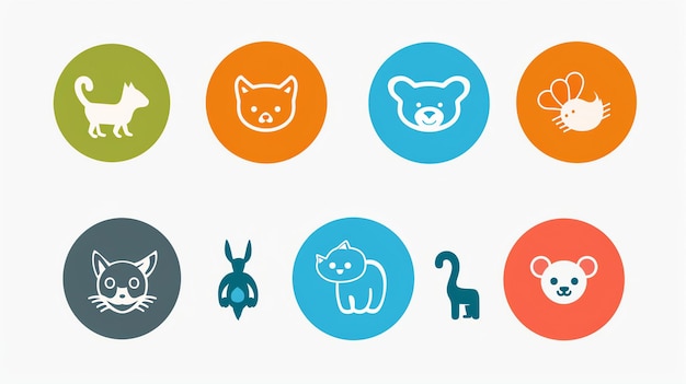 Zdjęcie zestaw prostych i kolorowych ikon zwierząt ikony to kot, niedźwiedź, królik, mysz i żyrafa.