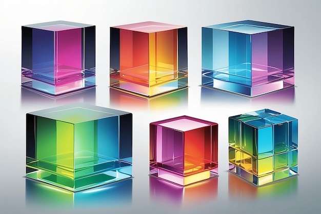 Zdjęcie zestaw przezroczystych, błyszczących sześcianów 3d z efektem rozproszenia kolory tęczy odblaskowe szkło ilustracja wektorowa