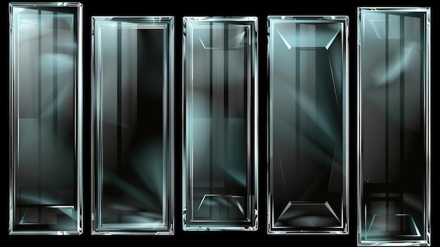 Zestaw przezroczystych szklanych banerów zawiera nowoczesne szklane płyty z inskrypcjami izolowanymi na przezroczystym tle Płaskie szkło Realistyczny projekt 3D Nowoczesny przezroczysty obiekt 10 eps