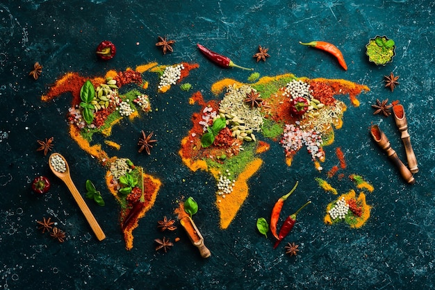 Zestaw przypraw i ziół Kuchnia indyjska Mapa świata Pieprz sól Papryka Bazylia Kurkuma Na czarnej drewnianej desce Widok z góry Wolne miejsce do kopiowania
