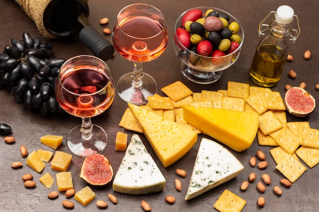 Zestaw przystawek do aperitifów Ser i krakersy figi i orzechy Butelka czerwonego wina i dwie szklanki wina Kolorowe oliwki w szklanej misce