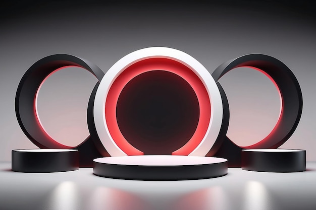 Zestaw realistycznego tła 3D z cylindrycznym podium Czarny czerwony biały świecący światło półkręgi laye