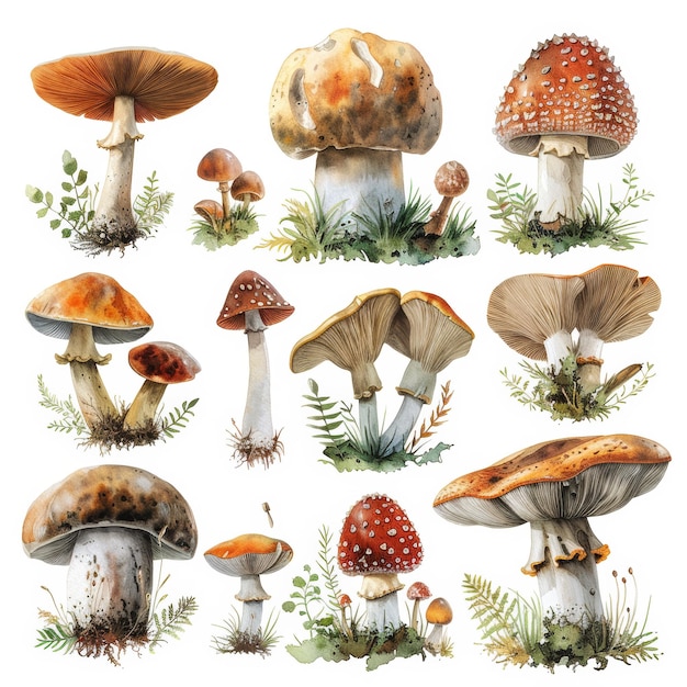Zestaw ręcznie narysowanych akwarelowych ilustracji przedstawiających grzyby leśne na białym tle