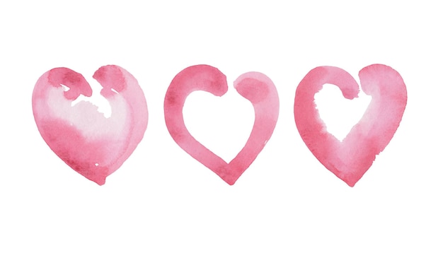 Zestaw ręcznie rysowane różowe serca akwarela na białym tle