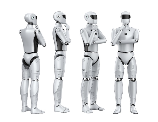 Zestaw renderowania 3d cyborgów sztucznej inteligencji lub robotów myślących na białym tle