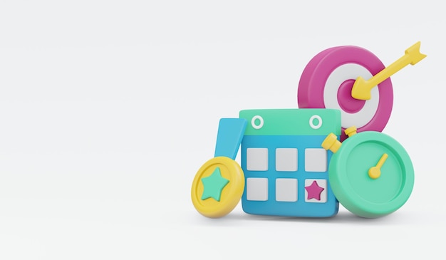Zestaw renderowania 3D harmonogramu odznaka cel i ikona koncepcja timera koncepcja zarządzania czasem i cel z miejscem na tekst na białym tle 3D Render ilustracja stylu cartoon