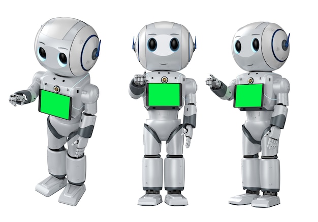 Zestaw renderowania 3d uroczych robotów sztucznej inteligencji z palcem wskazującym z pustym ekranem tabletu