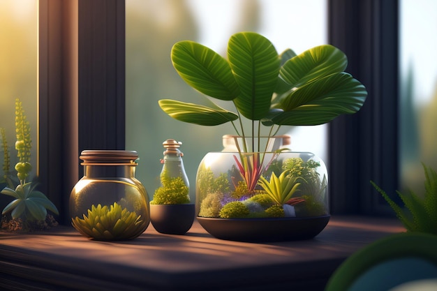 Zestaw roślin w szklanych słoikach z rośliną w środku.