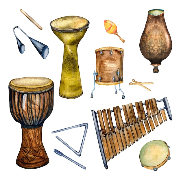 Zestaw różnych instrumentów perkusyjnych akwarela ilustracja na białym tle