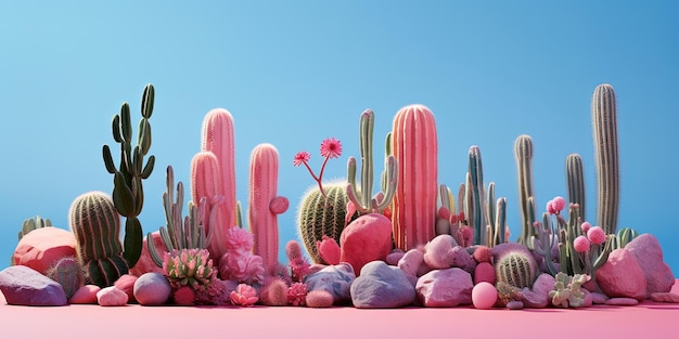 Zestaw różnych kaktusów umieszczonych na prostokątnych stojakach wśród różowych kamieni na niebieskim tle