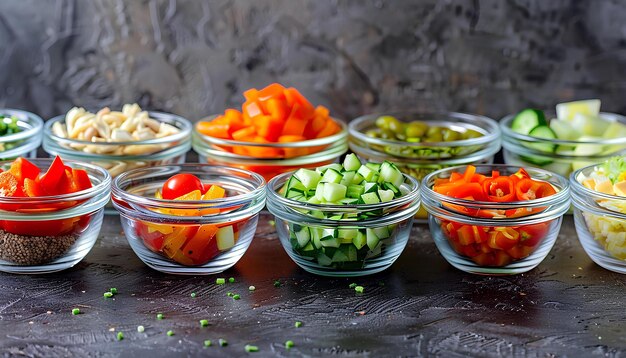 Zestaw różnych świeżych surowych warzyw w szklanych miskach Składniki do potraw wegetariańskich