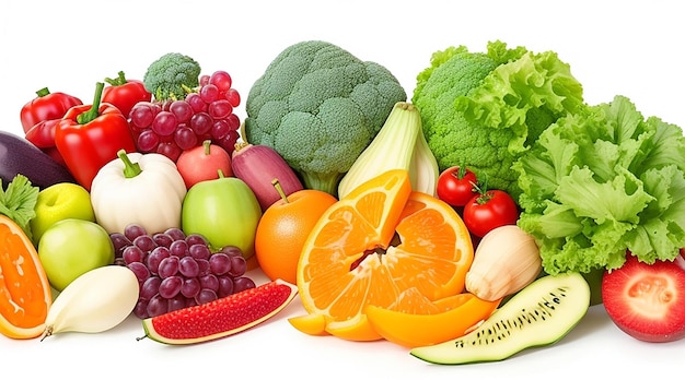 Zestaw różnych warzyw i owoców na białym tle