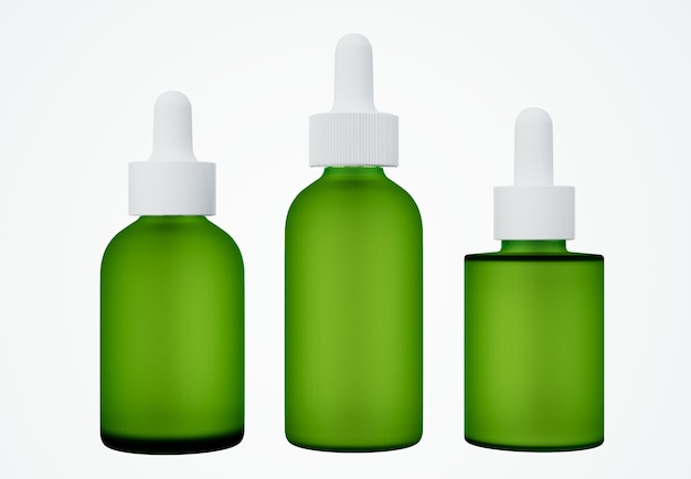 Zestaw różnych zielonych szklanych butelek z zakraplaczem serum kosmetycznych koncepcja pakowania produktów do pielęgnacji skóry projekt komercyjny martwa makieta